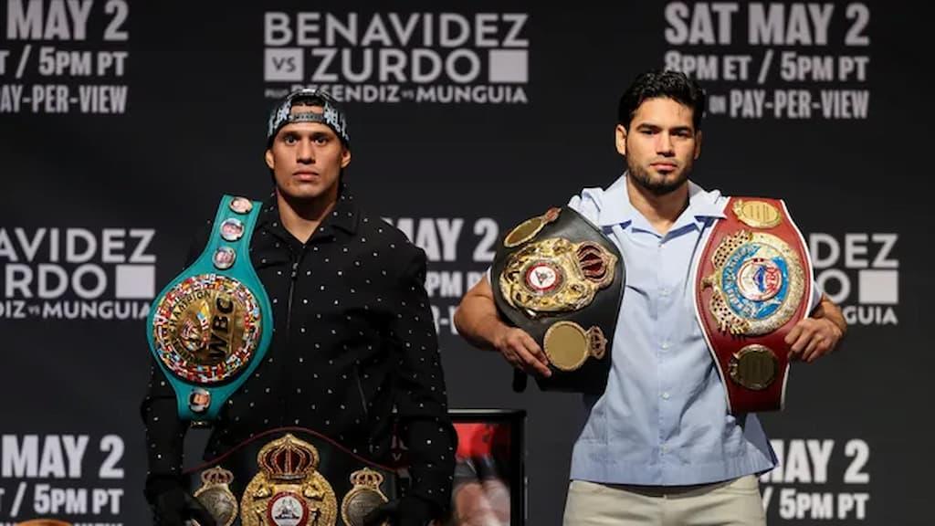 Benavidez vs. Zurdo cover (David Benavidez and Gilbert "Zurdo" Ramirez posing side by side with their championship belts)