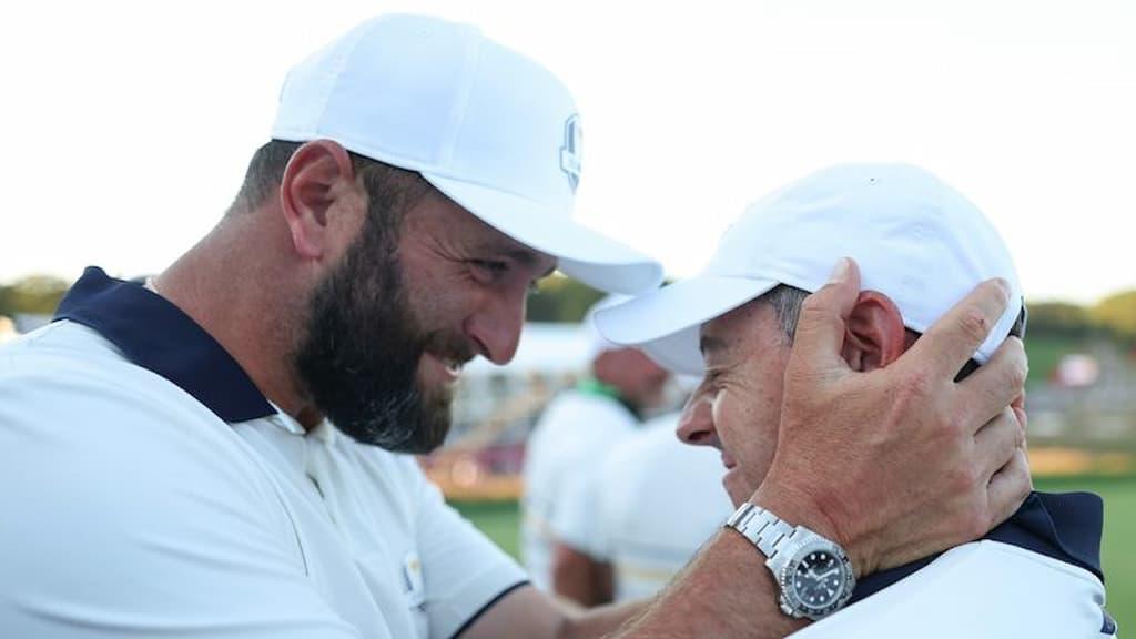 PGA Championship Tee Times & Pairings for Rounds 1 & 2 cover (Jon Rahm & Rory McIlroy celebrating at the Ryder Cup)