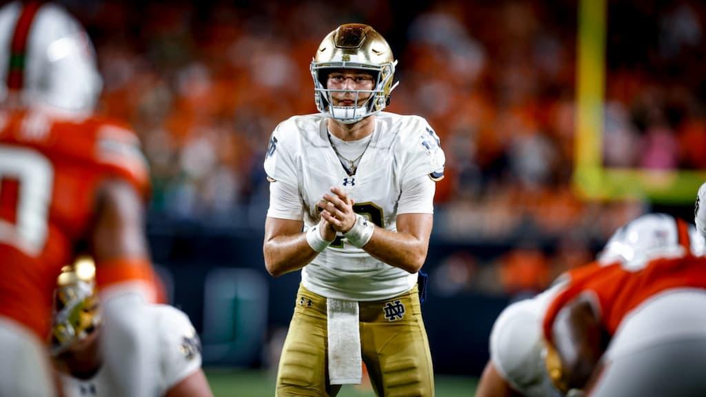 College Football Betting Guide cover (Notre Dame quarterback CJ Carr)