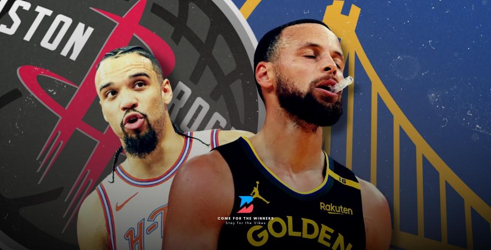 Dillon Brooks and Stephen Curry with the Warriors and Rockets Logos. 2025 NBA Playoffs Betting News.