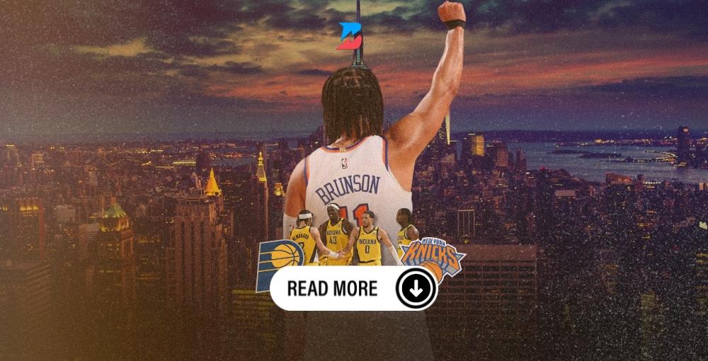 Jalen Brunson with his raised fist over the New York Skyline. Pacers players with the Pacers and Knicks logos. Read More Betting News.