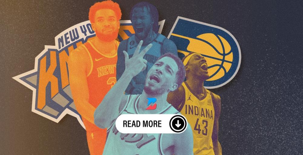 Tyrese Haliburton, Pascal Siakam, Karl-Anthony Towns, and Jalen Brunson. The Knicks and Pacers logos. NBA Eastern Conference Finals Game Four.