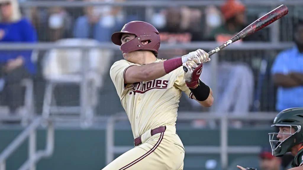 Alex Lodise (pictured) swings the bat for Florida State, one of the top teams left in the 2025 NCAA baseball tournament (Super Regional predictions & picks cover)