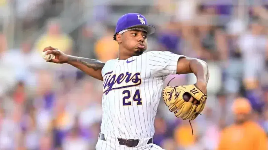 LSU pitcher Anthony Eyanson throws a pitch during a game (UCLA vs. LSU CWS 6/16/2025 Prediction & Picks cover)
