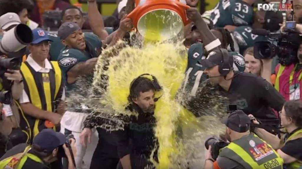 Philadelphia Eagles head coach Nick Sirianni receives an orange Gatorade bath at Super Bowl LIX in 2025 - Super Bowl Gatorade Color Betting cover