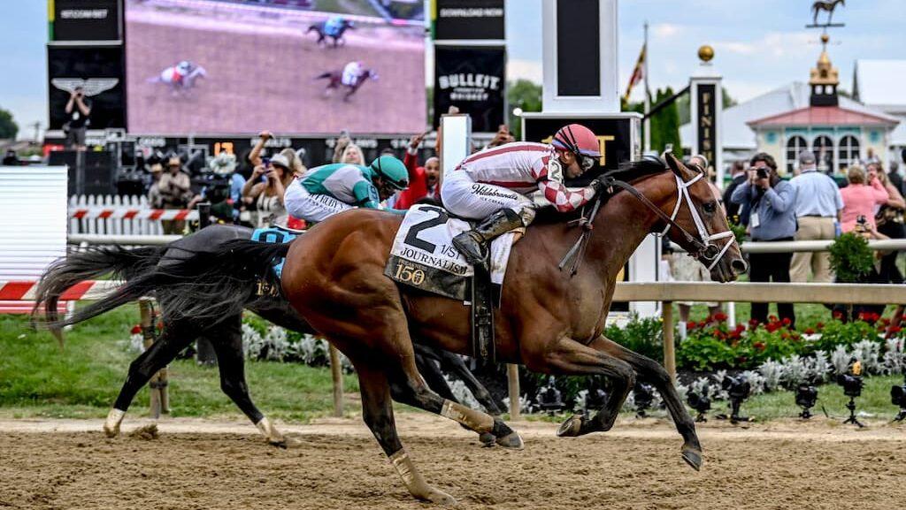 Preakness Stakes Betting Guide cover (Journalism winning the 2025 Preakness Stakes)