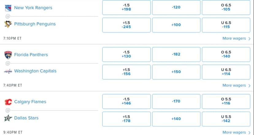 Puck line example on fanDuel