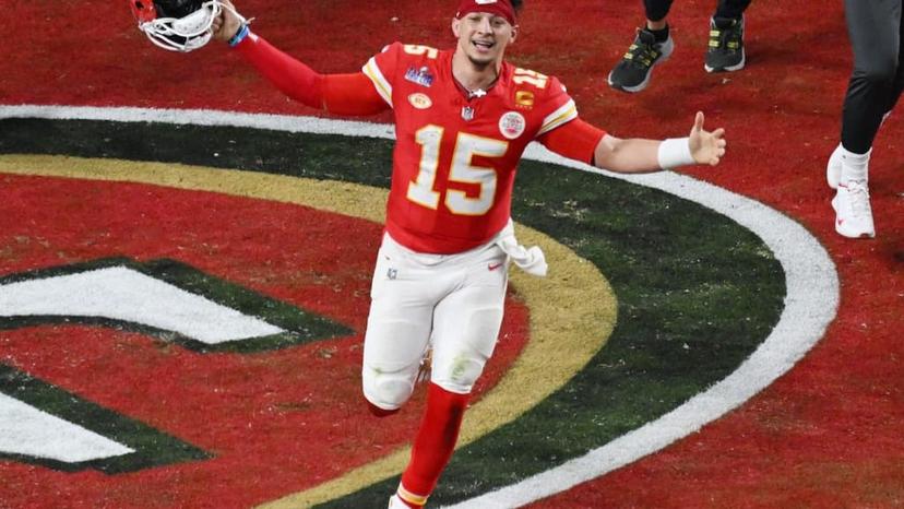 Patrick Mahomes of the Kansas City chiefs celebrates winning Super Bowl 58 over the San Francisco 49ers