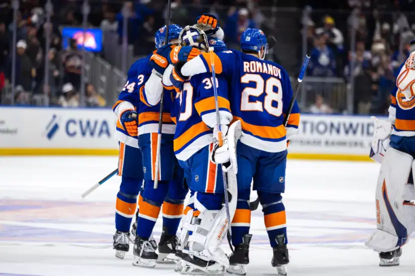Islanders player celebrate