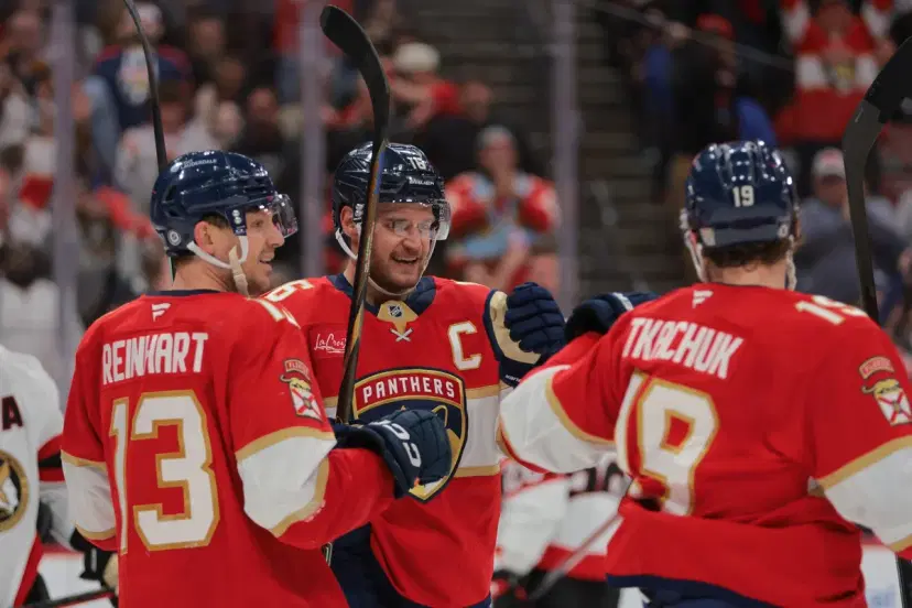 Sam Reinhart, Aleksander Barkov and Matthew Tkachuk of the Panthers