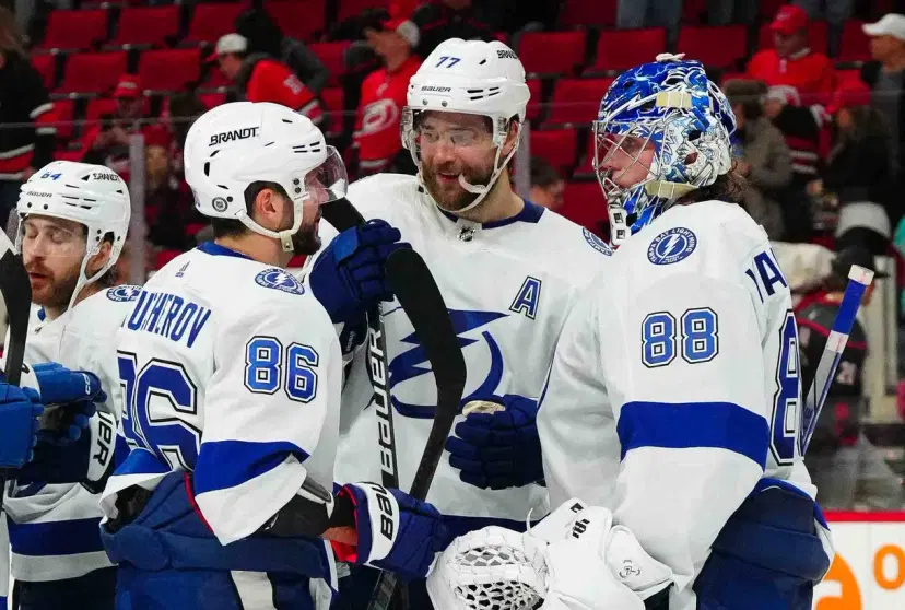 Nikita Kucherov, Victor Hedman and Andrei Vasilevskiy