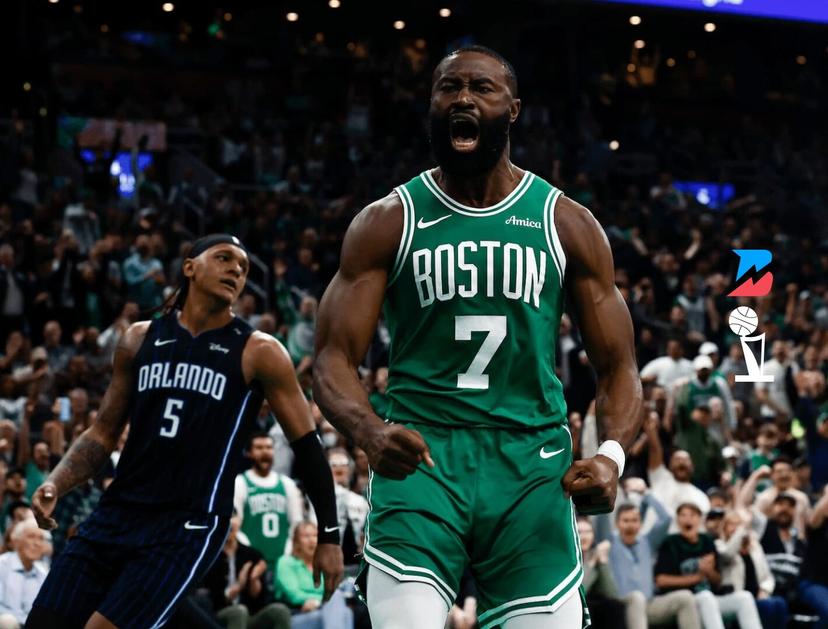 Jaylen Brown screams after a slam in Game 2.