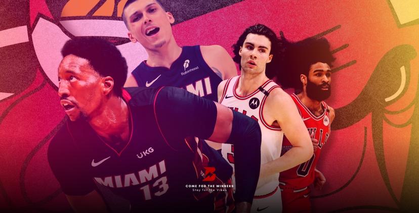 Tyler Herro, Bam Adebayo, Josh Giddey, and Coby White. The Bulls and Heat logos. Betting News 2025 SoFi NBA Play-In.