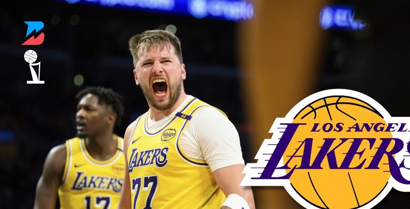 Luka Doncic yelling with the Lakers logo. 2025 NBA Championship Odds and Analysis.