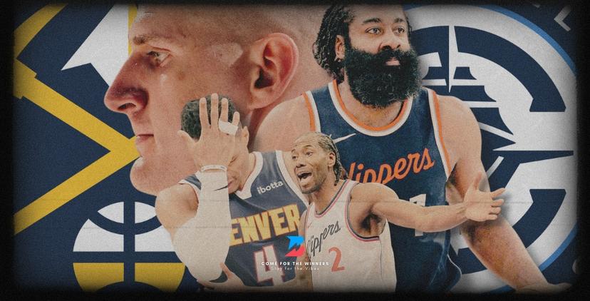 Clippers and Nuggets logo with their star players. Kawhi Leonard, James Harden, Nikola Jokic, Russell Westbrook