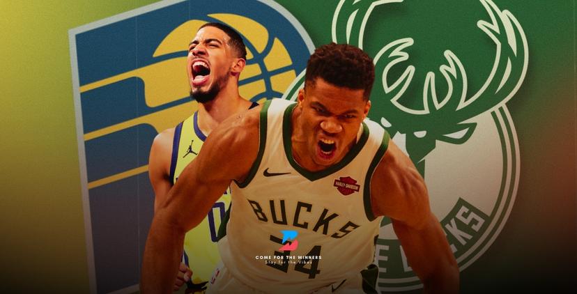 Tyrese Haliburton and Giannis Antetokounmpo with their logos. NBA Eastern Conference Round 1.