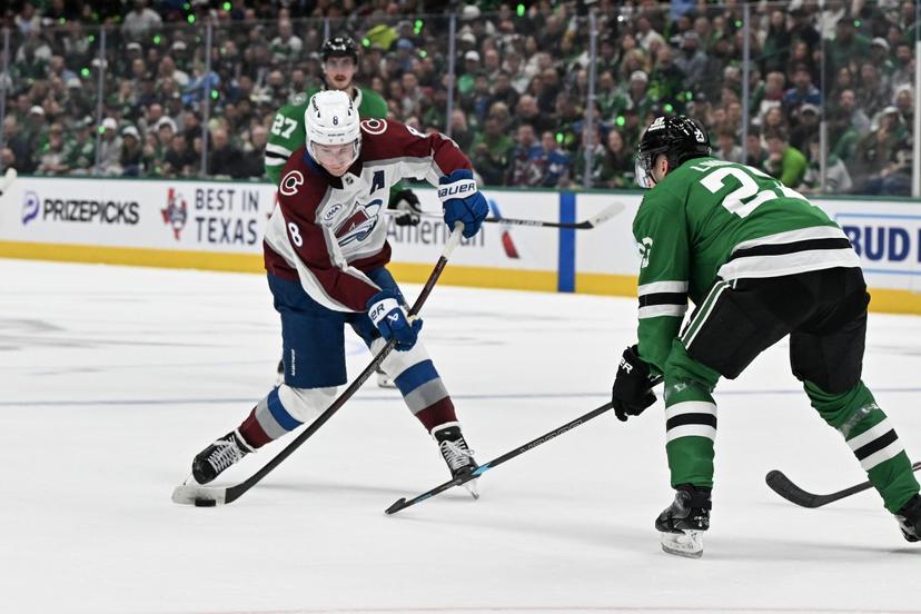 Cale Makar and Esa Lindell battle in the first round of the Stanley Cup Playoffs