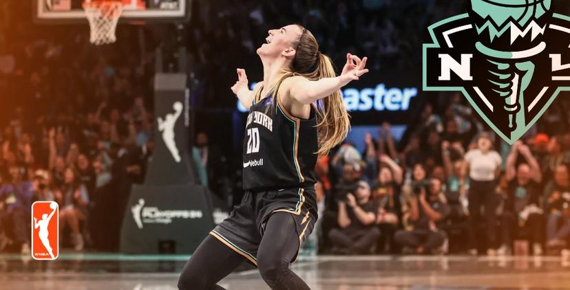 Sabrina Ionescu exclaiming after a three. New York Liberty and WNBA logos.