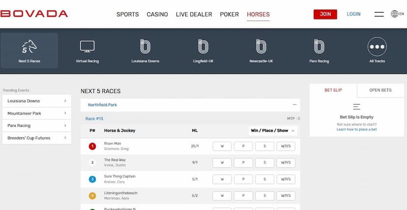 Bovada Racebook betting page