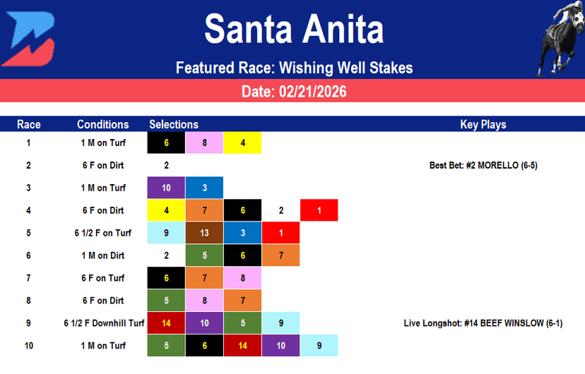 Santa Anita Picks: Wishing Well Stakes Analysis (2/21/2026)