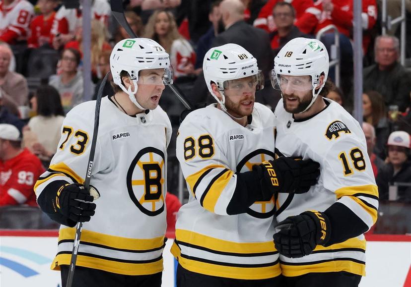 Charlie McAvoy, David Pastrnak and Pavel Zacha 