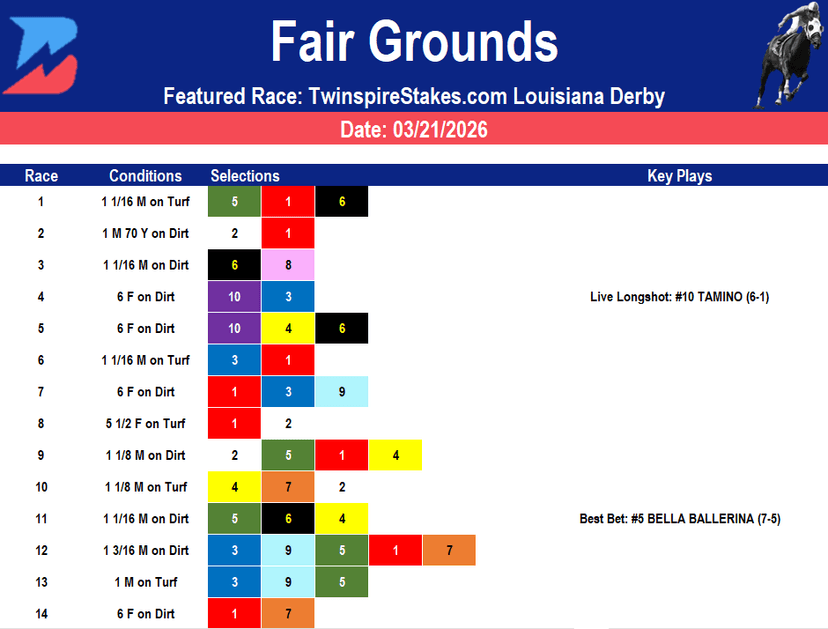 Fair Grounds Picks: Kentucky Derby Prep (3/21/2026)