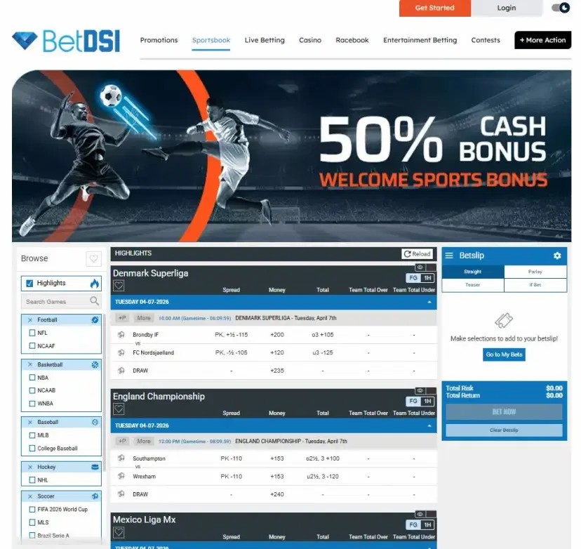 BetDSI Sportsbook home page Apr 2026