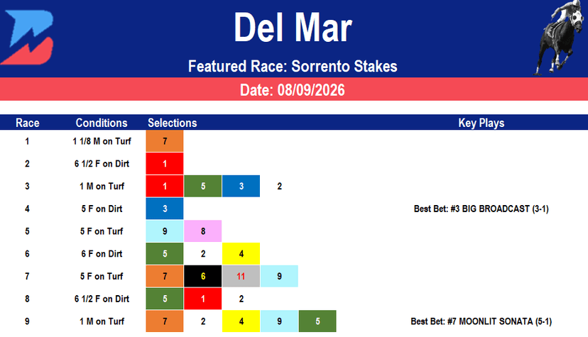 Del Mar Picks: Sorrento Stakes Analysis (8/9/2026)