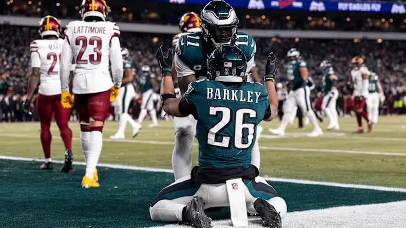 A.J. Brown (11) and Saquon Barkley (26) of the Philadelphia Eagles celebrate in the end zone