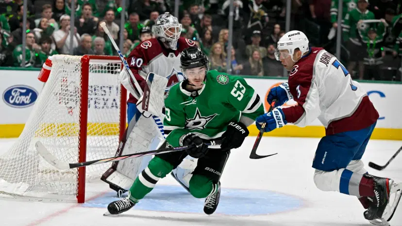 Stars player in front of the net