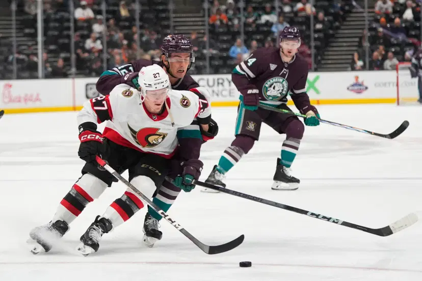 Senators and Ducks fight for the puck