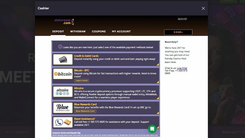 The banking screen for players to make deposits and request withdrawals at SlotsRoom Casino