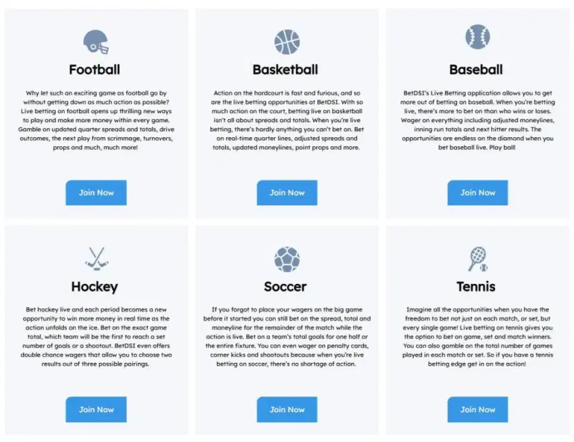 BetDSI Sportsbook Sports selection
