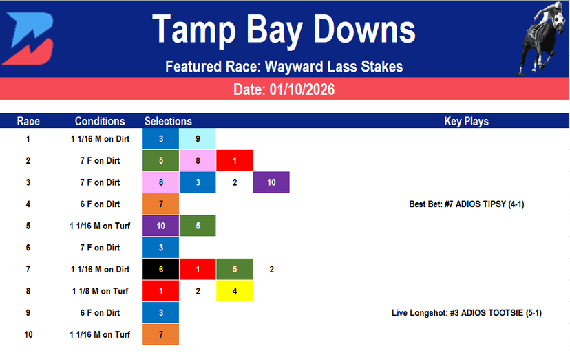 Tampa Bay Downs Picks: Wayward Lass Stakes (01/10/2026)