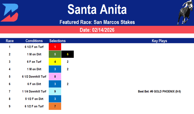 Santa Anita Picks: Saturday San Marcos Stakes (2/14/2026)