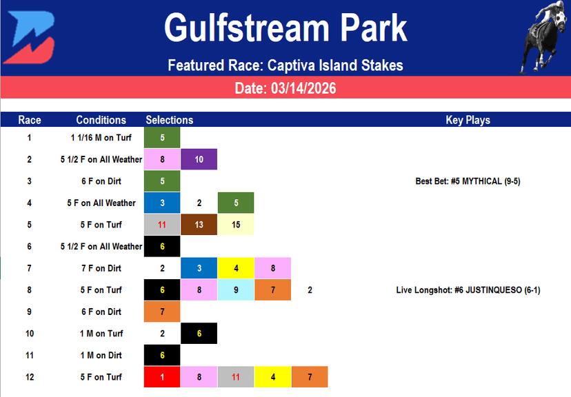 Gulfstream Park Picks: Captiva Island Stakes (3/14/2026)