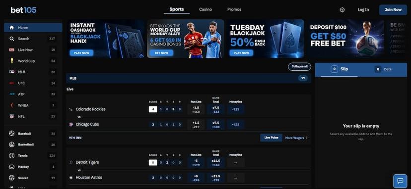Bet105 Sportsbook main page
