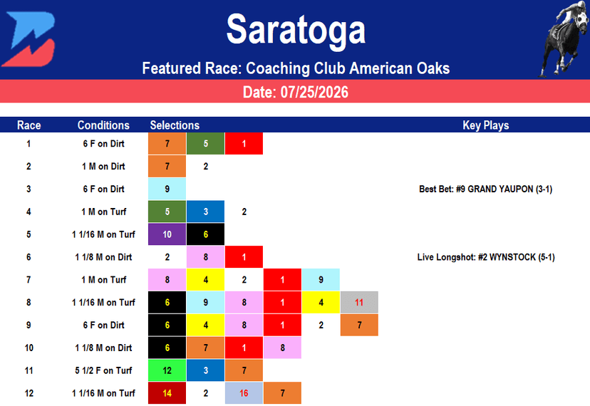 Saratoga Picks: Coaching Club American Oaks Analysis (7/25/2026)
