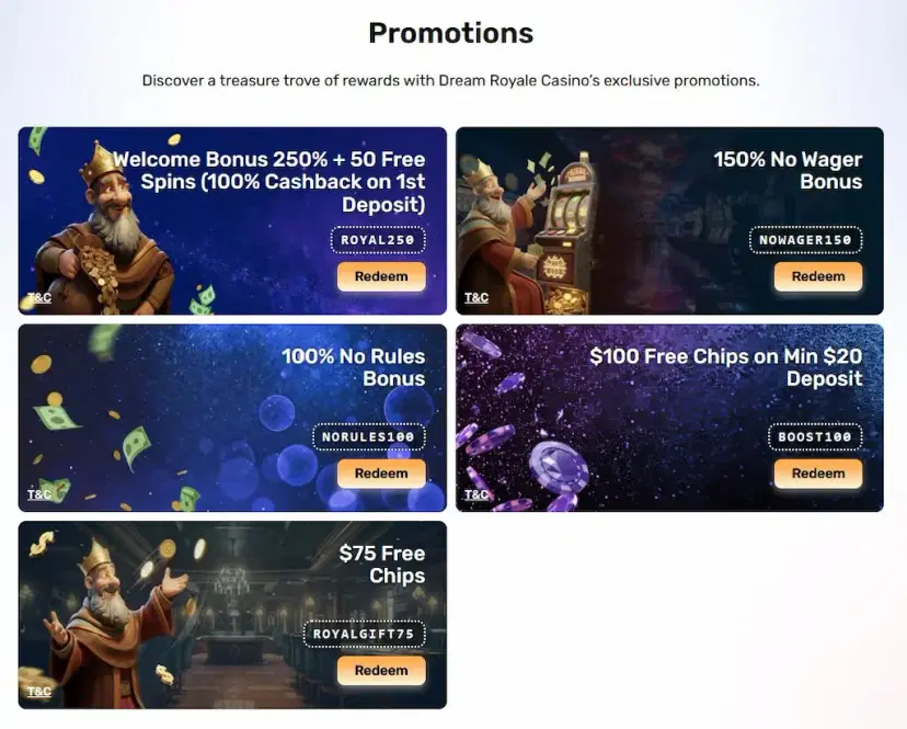dream royale casino other bonuses and promos july 2026